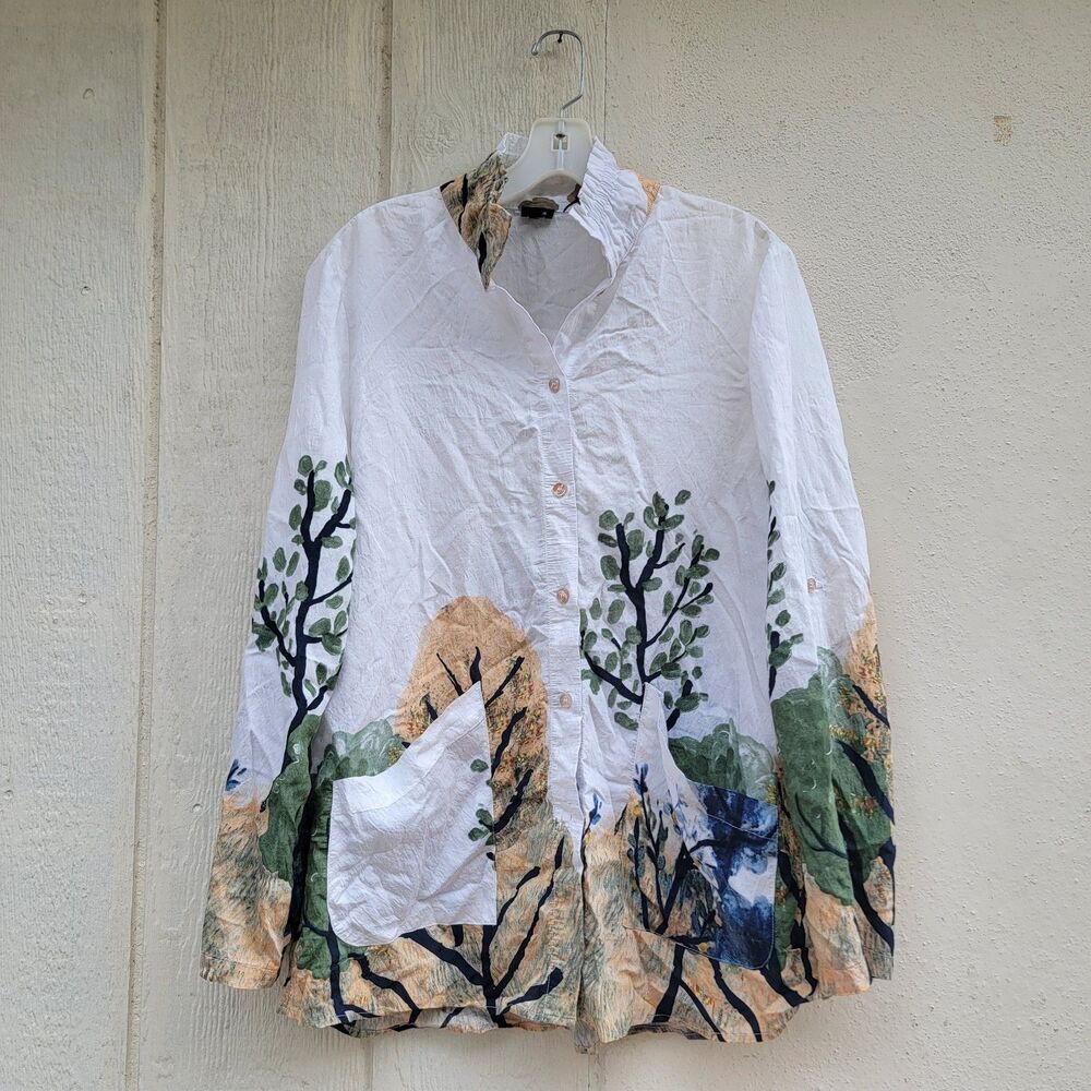 Shana Button Front Tunic Top Size Large Womens Abstract Art To Wear Boho